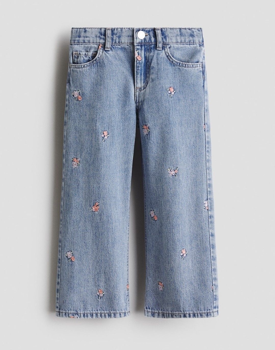Girls Floral Embroidered Straight Leg Blue Jeans