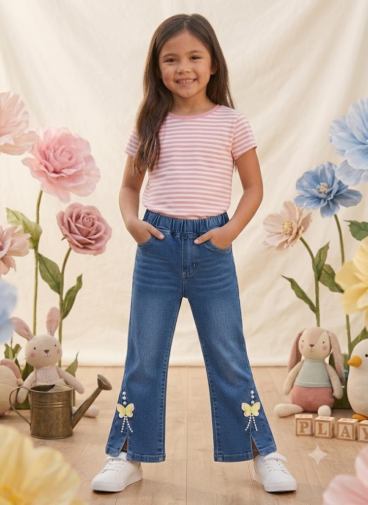 Girls 3D Butterfly & Pearl Slit Hem Flare Jeans