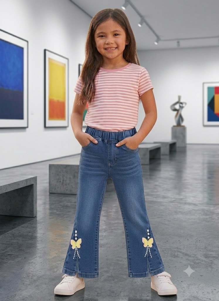 Girls 3D Butterfly & Pearl Slit Hem Flare Jeans