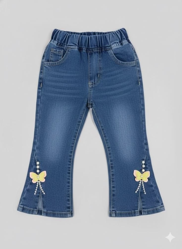 Girls 3D Butterfly & Pearl Slit Hem Flare Jeans