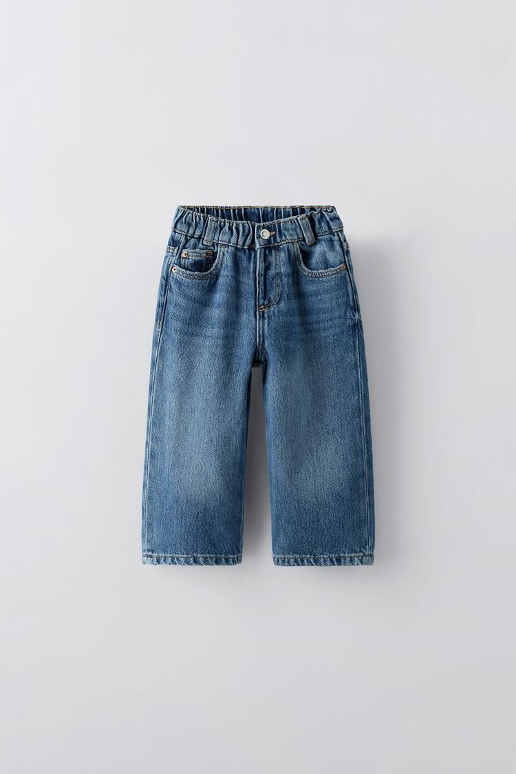 Kids Mid-Wash Elastic Waist Relaxed Straight Jeans