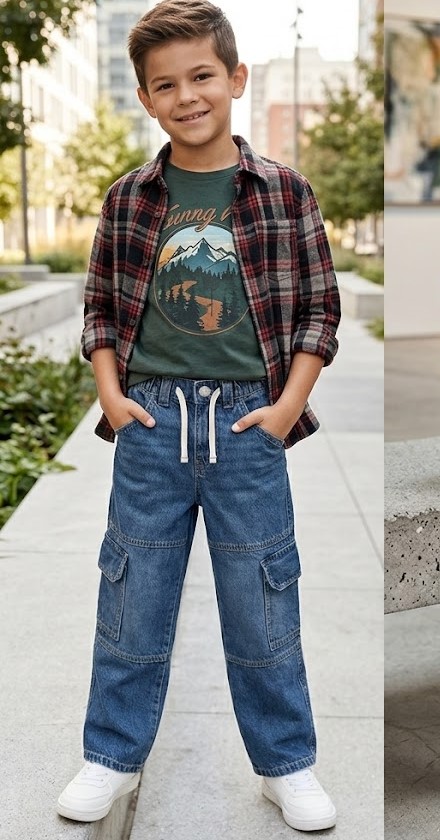 Kids Indigo Denim Utility Cargo Joggers with Drawstring