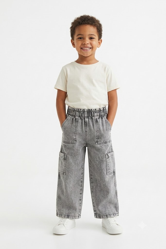 Kids Grey Acid Wash Multi-Pocket Utility Cargo Jeans