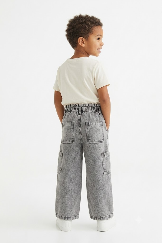 Kids Grey Acid Wash Multi-Pocket Utility Cargo Jeans