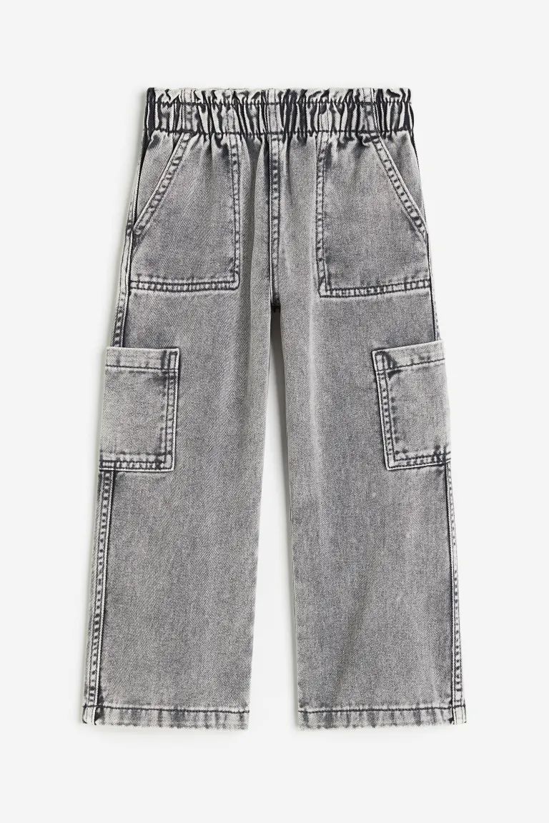 Kids Grey Acid Wash Multi-Pocket Utility Cargo Jeans
