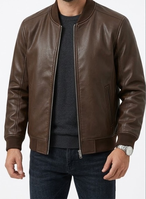 Men's Classic Faux Leather Bomber Jacket - Espresso Dark Brown