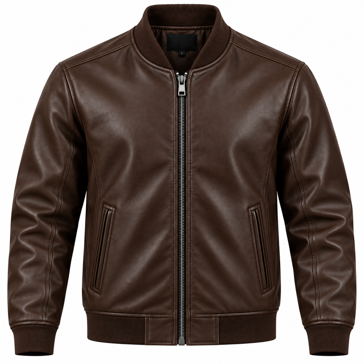 Men's Classic Faux Leather Bomber Jacket - Espresso Dark Brown
