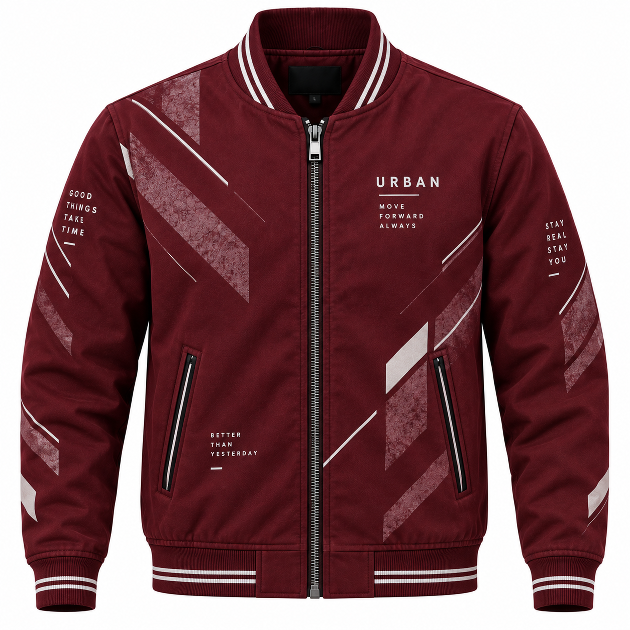 Men's Varsity Streetwear Graphic Bomber Jacket - Deep Maroon