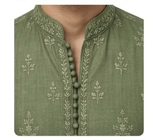 Men's Embroidered Linen Silk Kurta - Muted Olive