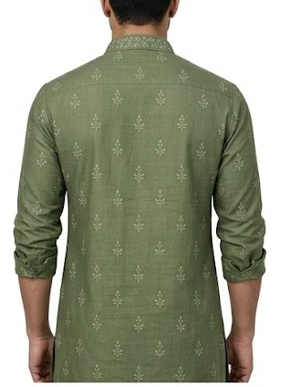 Men's Embroidered Linen Silk Kurta - Muted Olive