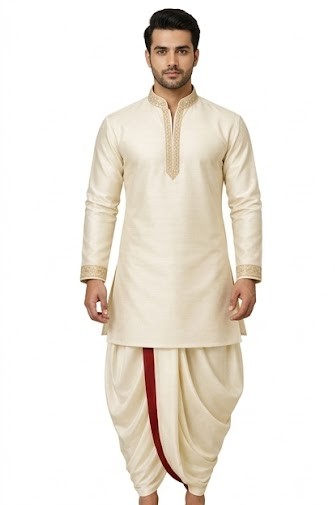 Men's Raw Silk Festive Kurta & Dhoti Set - Ivory Cream