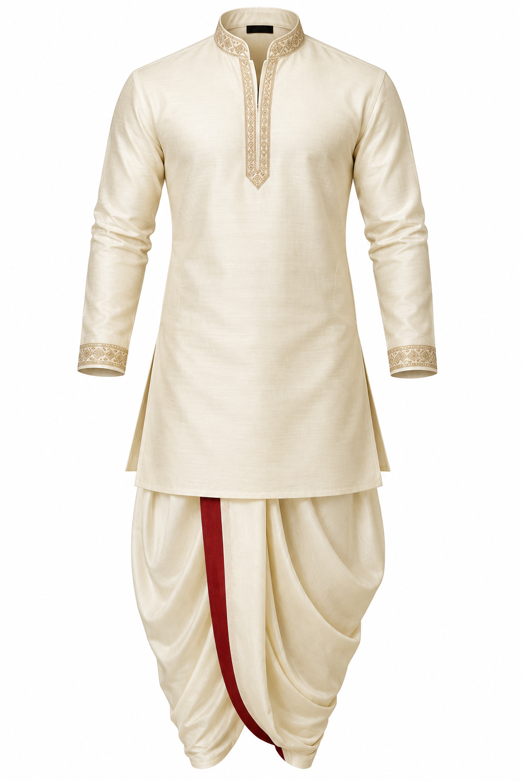 Men's Raw Silk Festive Kurta & Dhoti Set - Ivory Cream