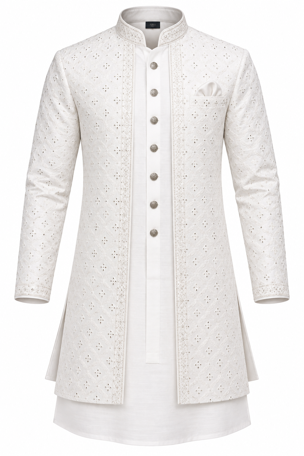 Men's Chikankari Embroidered Indo-Western Sherwani - Pristine White
