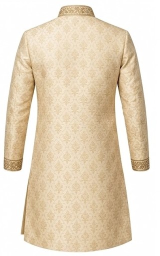 Men's Woven Jacquard Silk Indo-Western Kurta - Beige Gold