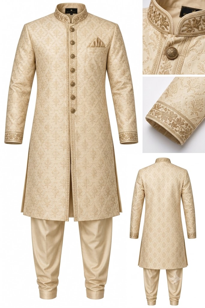 Men's Woven Jacquard Wedding Sherwani Set - Cream Gold