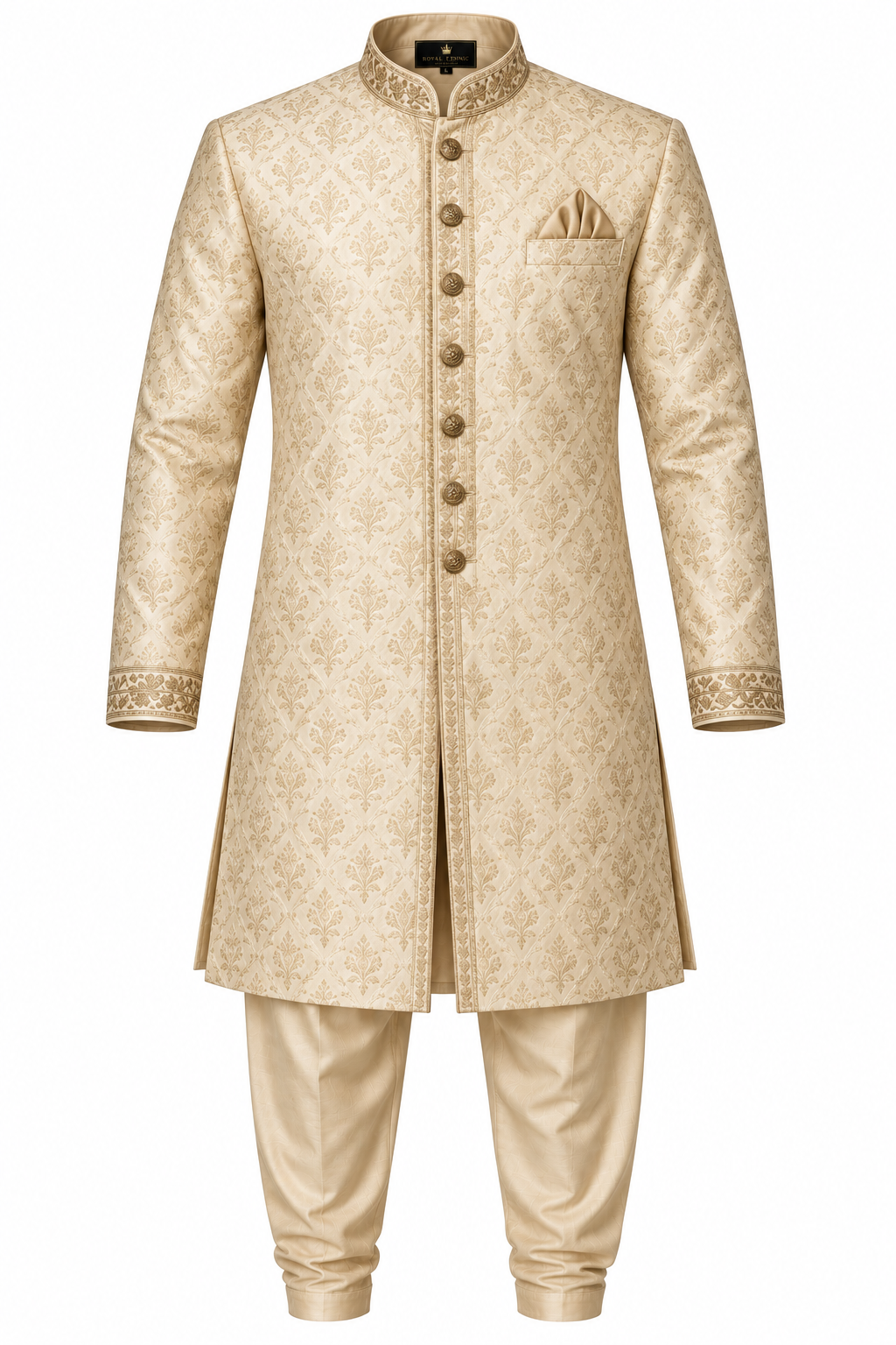 Men's Woven Jacquard Wedding Sherwani Set - Cream Gold