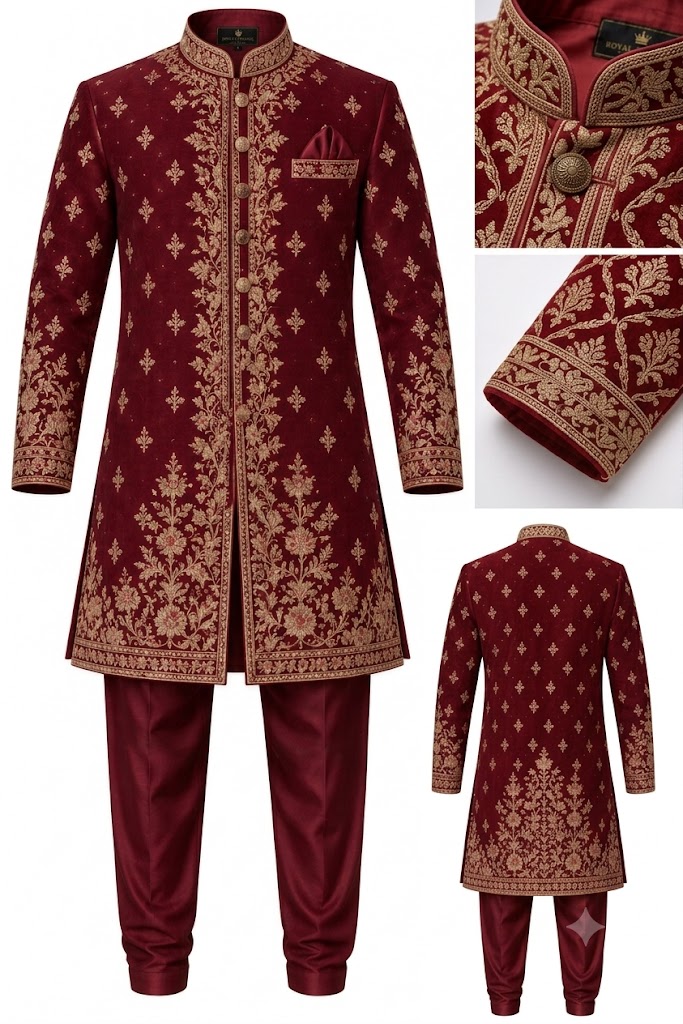 Men's Royal Zardozi Embroidered Wedding Sherwani Set - Deep Maroon