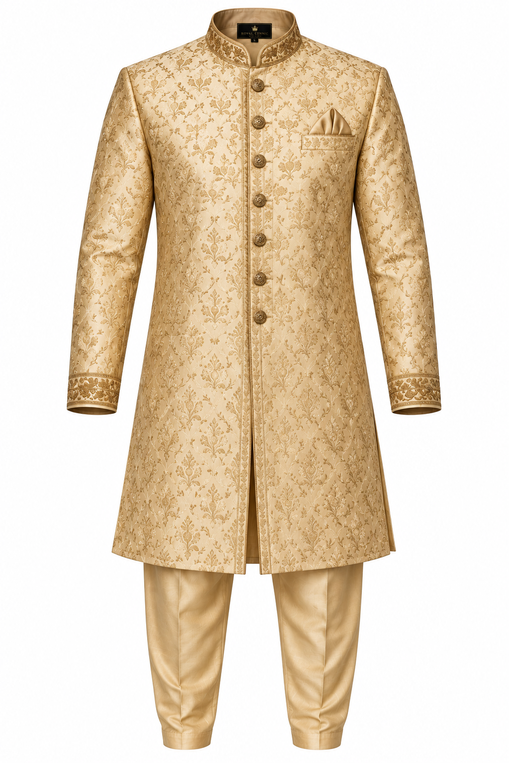Men's Brocade Silk Indo-Western Sherwani Set - Champagne Gold
