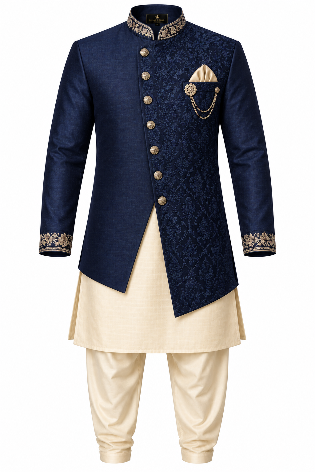 Men's Royal Asymmetric Indo-Western Sherwani Set - Midnight Navy