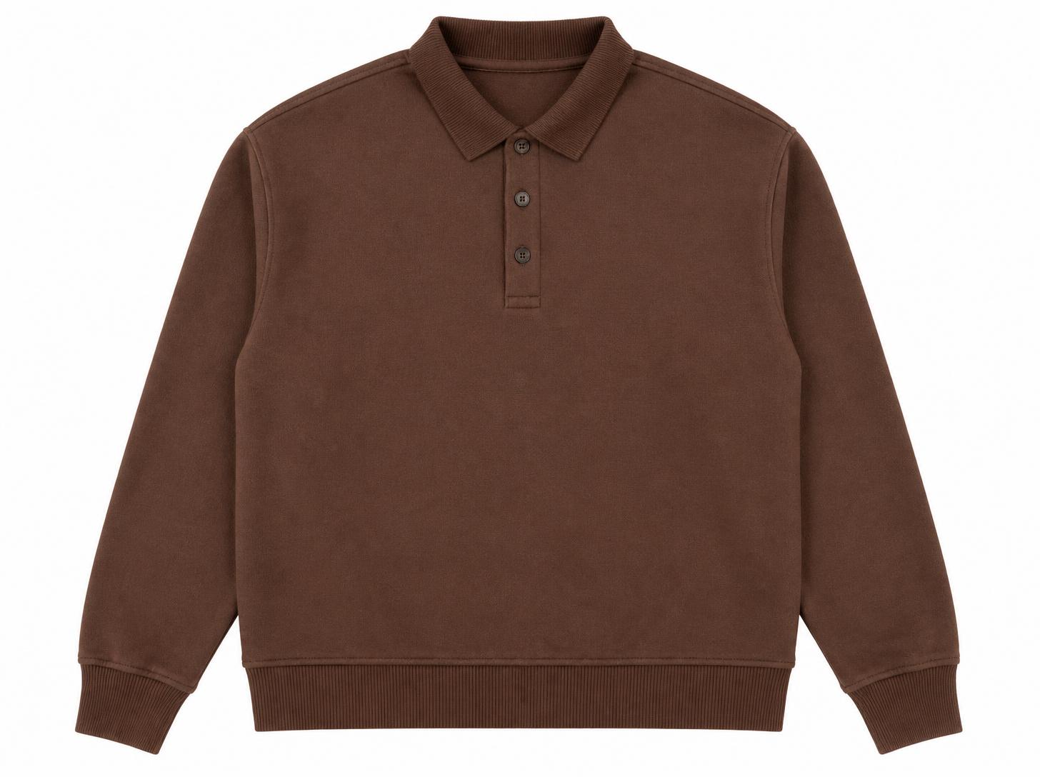 Men's Collared Polo Fleece Sweatshirt - Chocolate Brown
