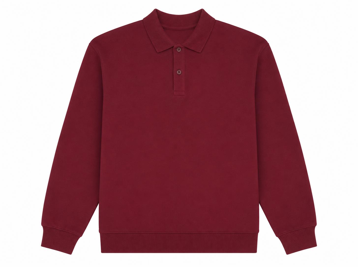 Men's Collared Polo Fleece Sweatshirt - Crimson Burgundy