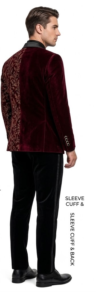 Men's Asymmetric Floral Jacquard Tuxedo Blazer - Crimson Burgundy