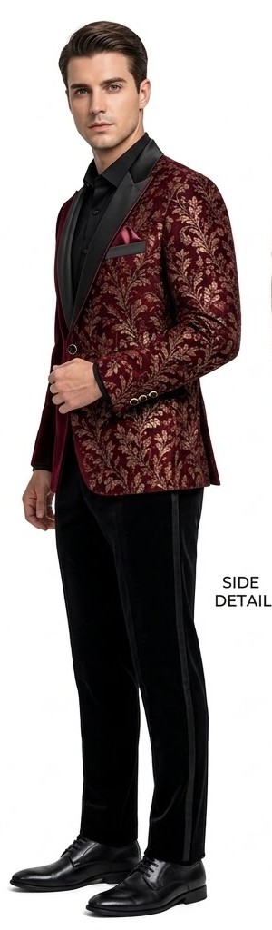 Men's Asymmetric Floral Jacquard Tuxedo Blazer - Crimson Burgundy