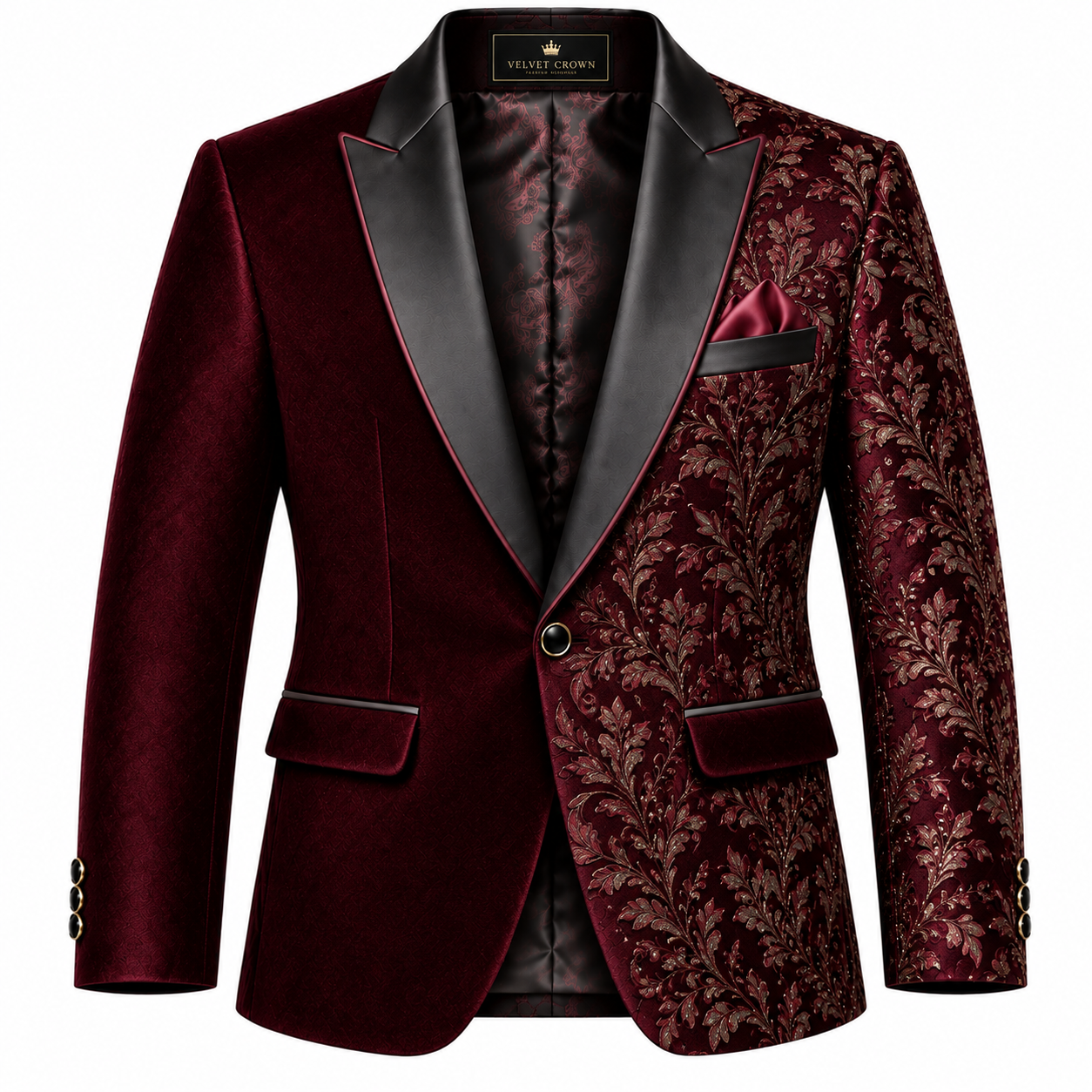 Men's Asymmetric Floral Jacquard Tuxedo Blazer - Crimson Burgundy