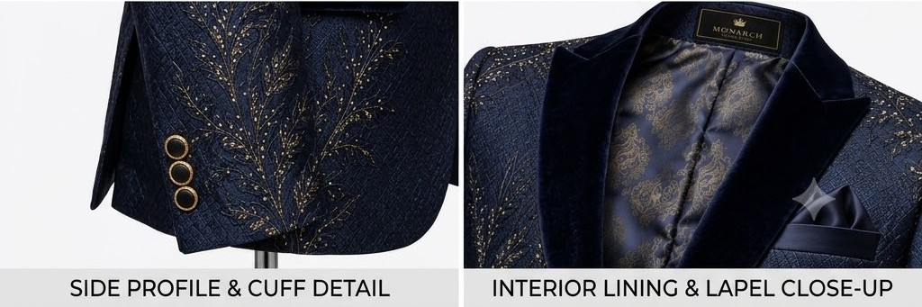 Men's Golden Leaf Embroidered Tuxedo Blazer - Royal Navy Blue