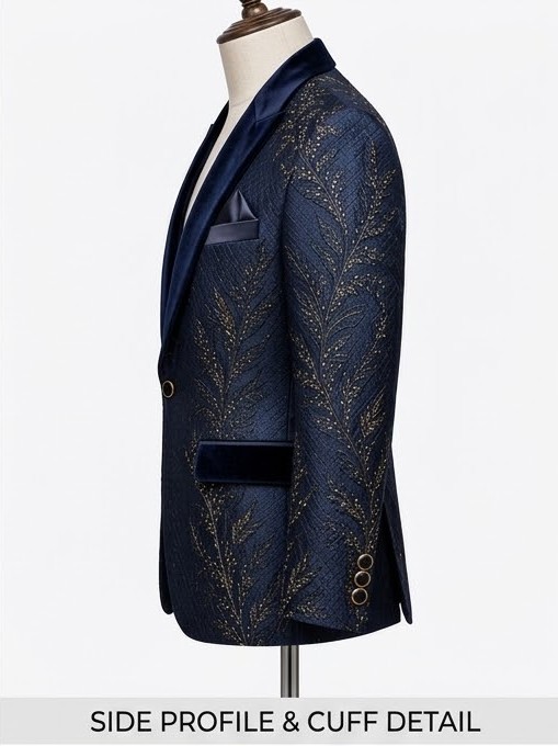 Men's Golden Leaf Embroidered Tuxedo Blazer - Royal Navy Blue