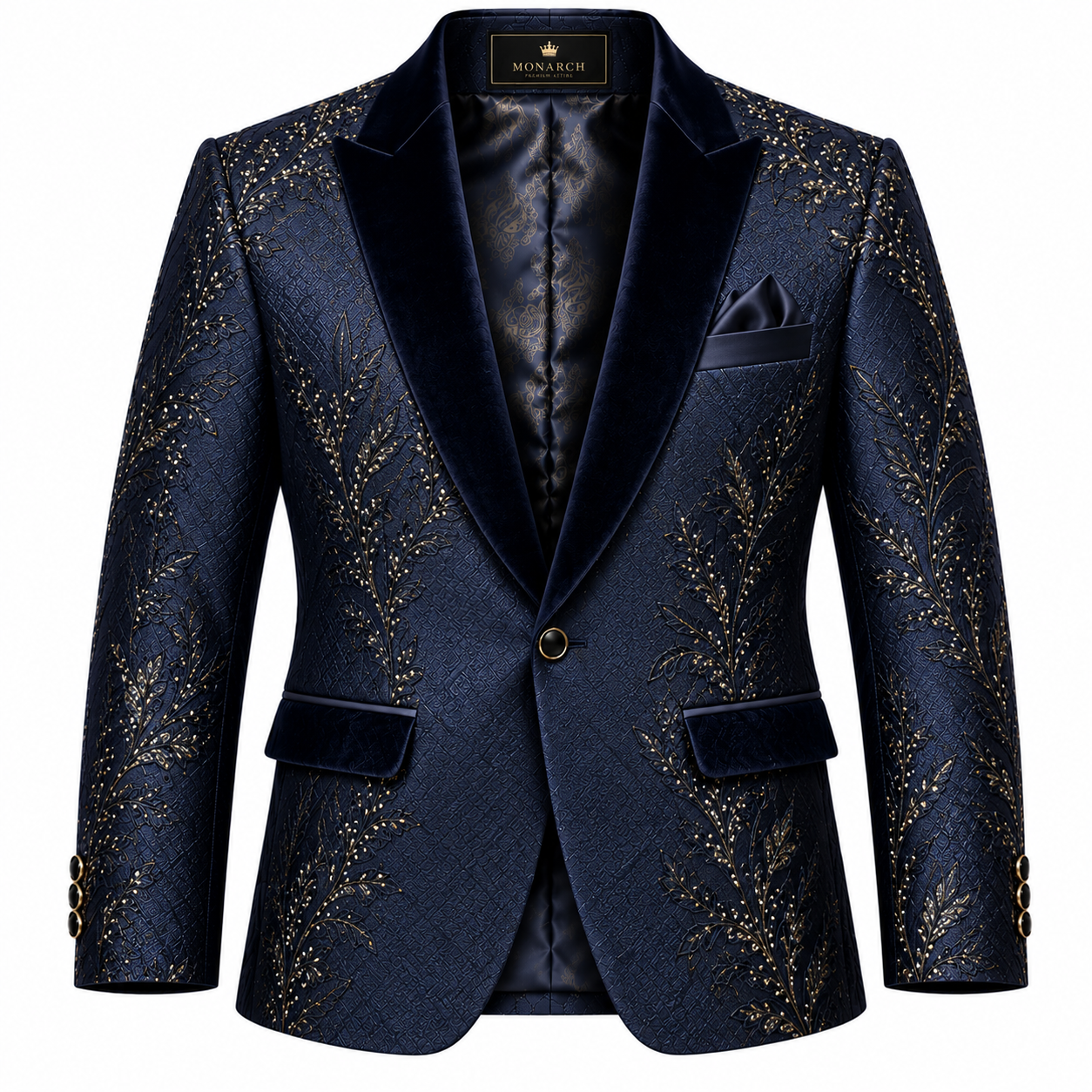 Men's Golden Leaf Embroidered Tuxedo Blazer - Royal Navy Blue