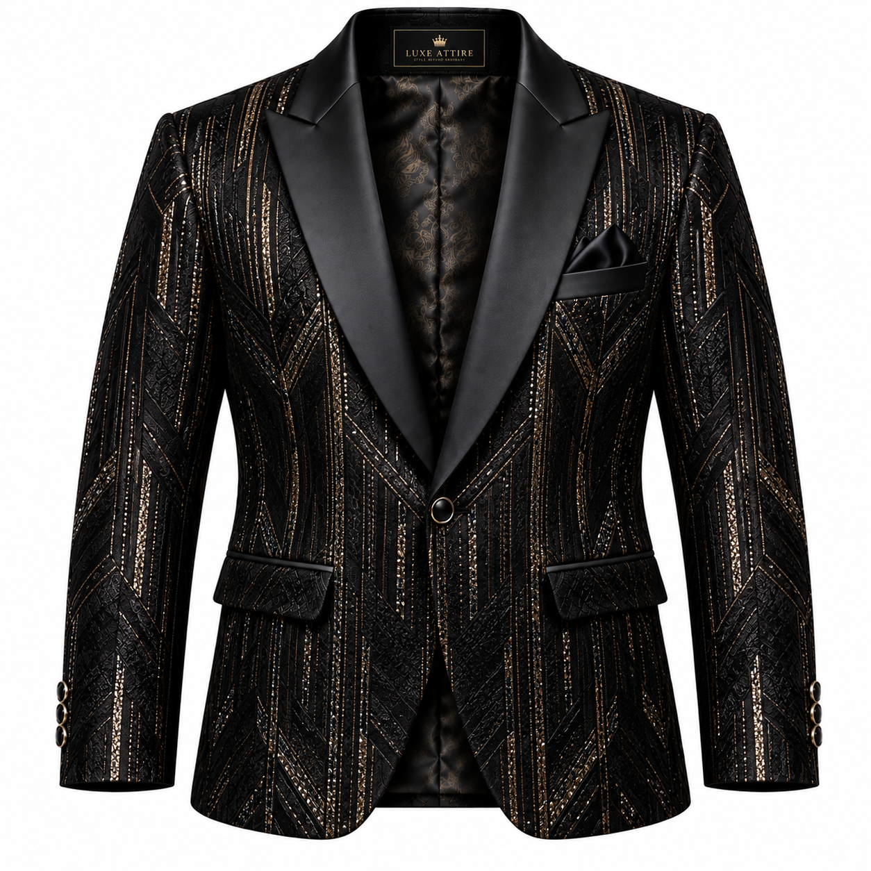 Men's Geometric Shimmer Sequin Tuxedo Blazer - Metallic Black & Gold