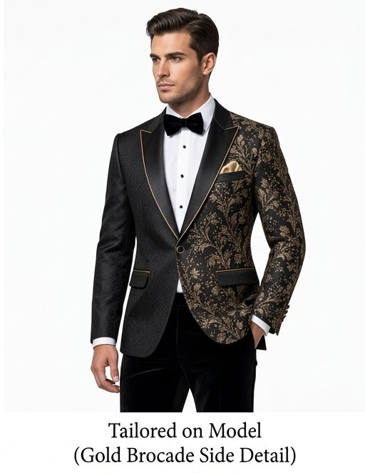 Men's Asymmetric Floral Embroidered Tuxedo Blazer - Onyx Black & Gold