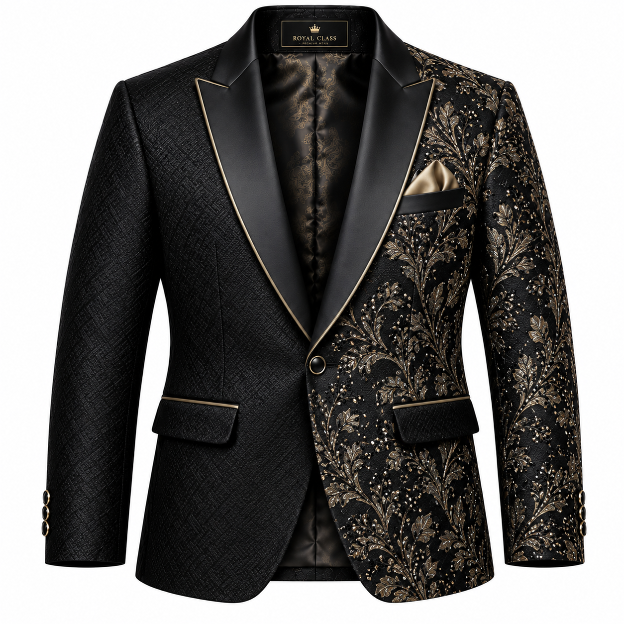 Men's Asymmetric Floral Embroidered Tuxedo Blazer - Onyx Black & Gold