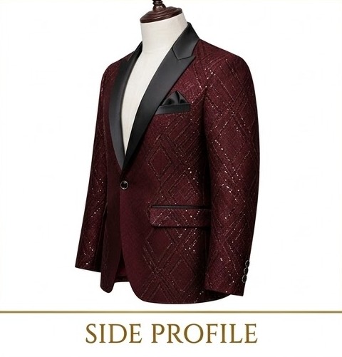 Men's Lattice Sequin Evening Tuxedo Blazer - Deep Crimson