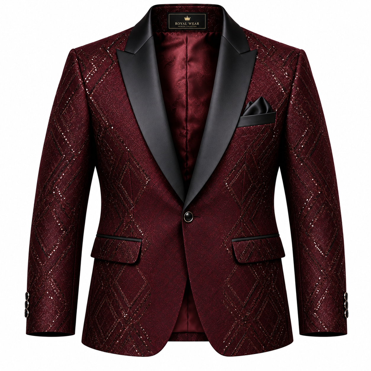 Men's Lattice Sequin Evening Tuxedo Blazer - Deep Crimson