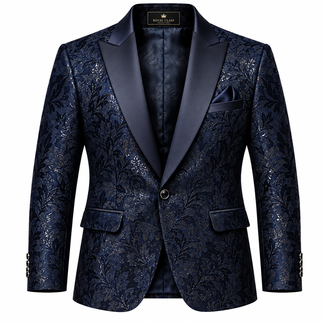 Men's Ornate Damask Brocade Tuxedo Blazer - Midnight Navy
