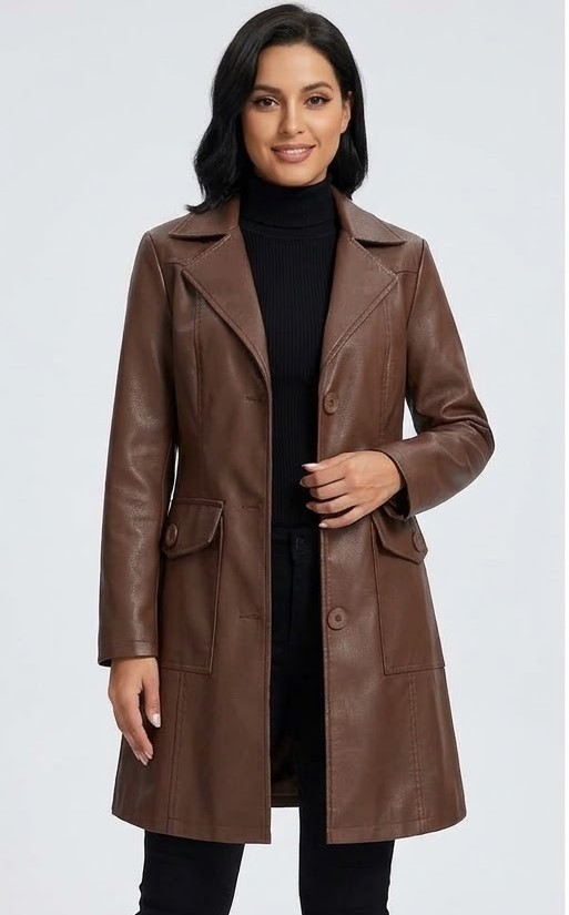 Women Burgundy Belted Faux Leather Trench Coat