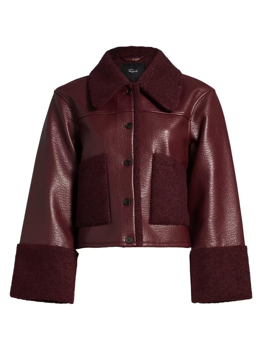 Women Burgundy Shearling Trim Cropped Jacket