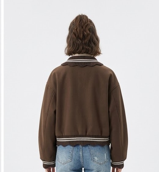 Women Brown Knit Trim Cropped Jacket