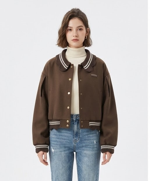 Women Brown Knit Trim Cropped Jacket