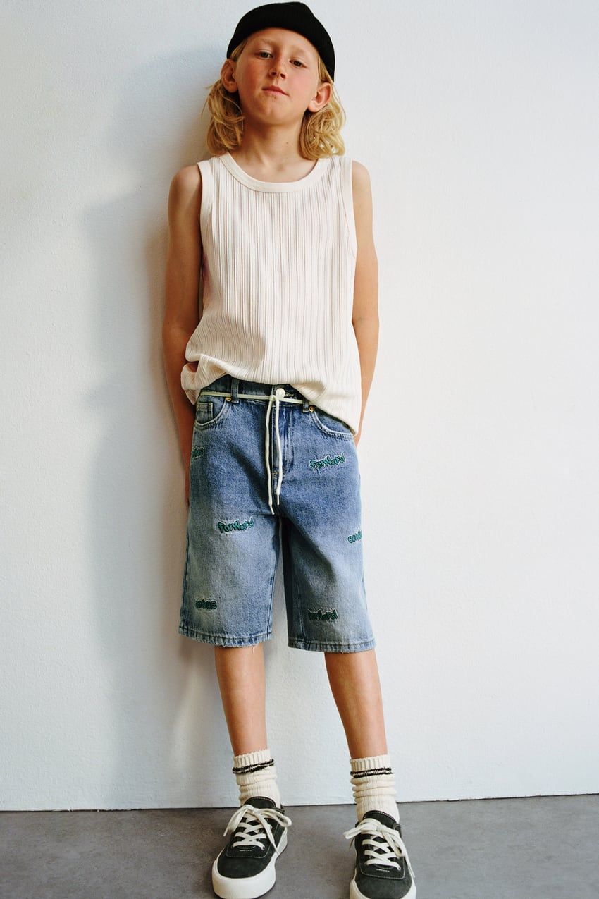 Boys Light Blue Dinosaur Embroidered Denim Shorts