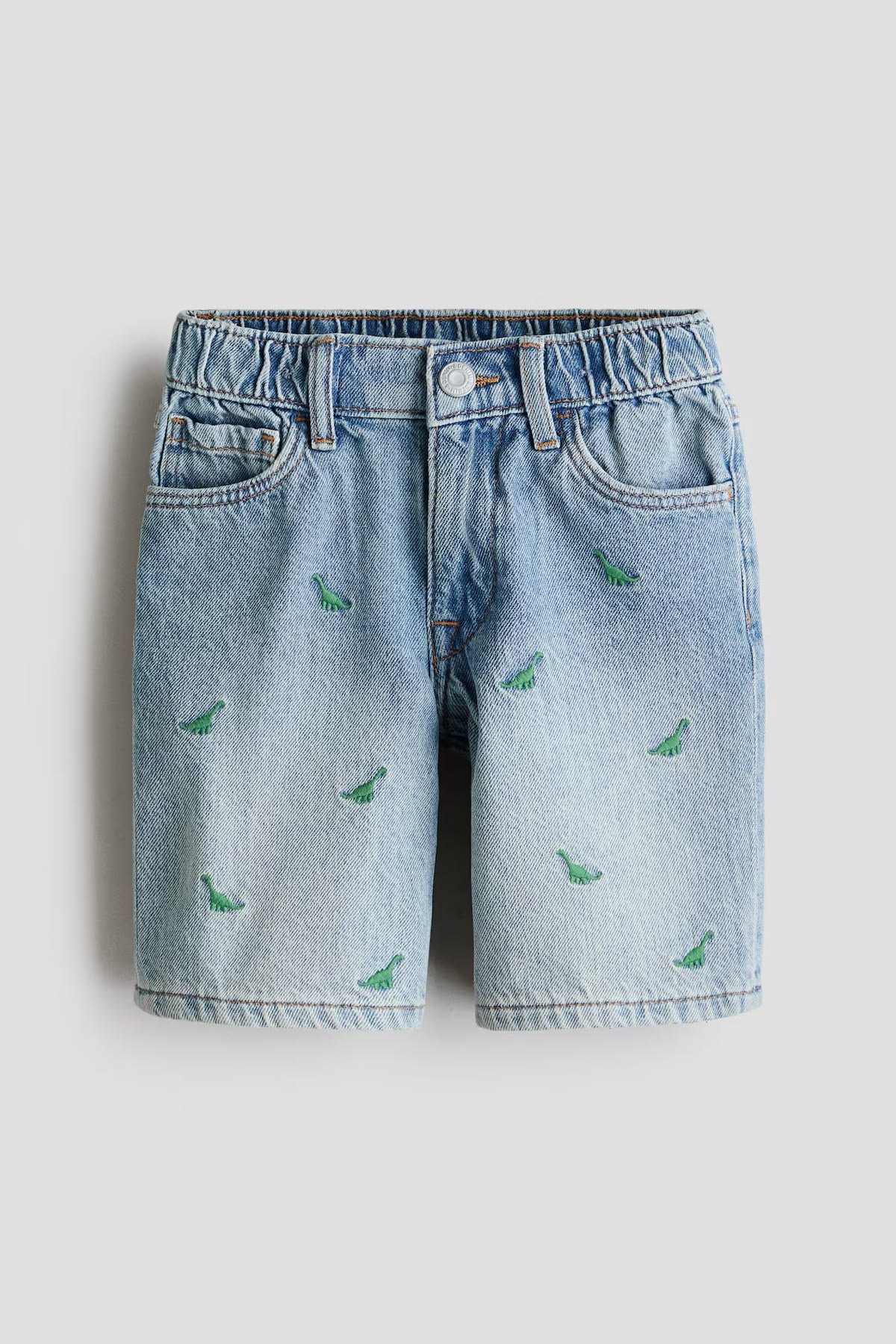 Boys Light Blue Dinosaur Embroidered Denim Shorts