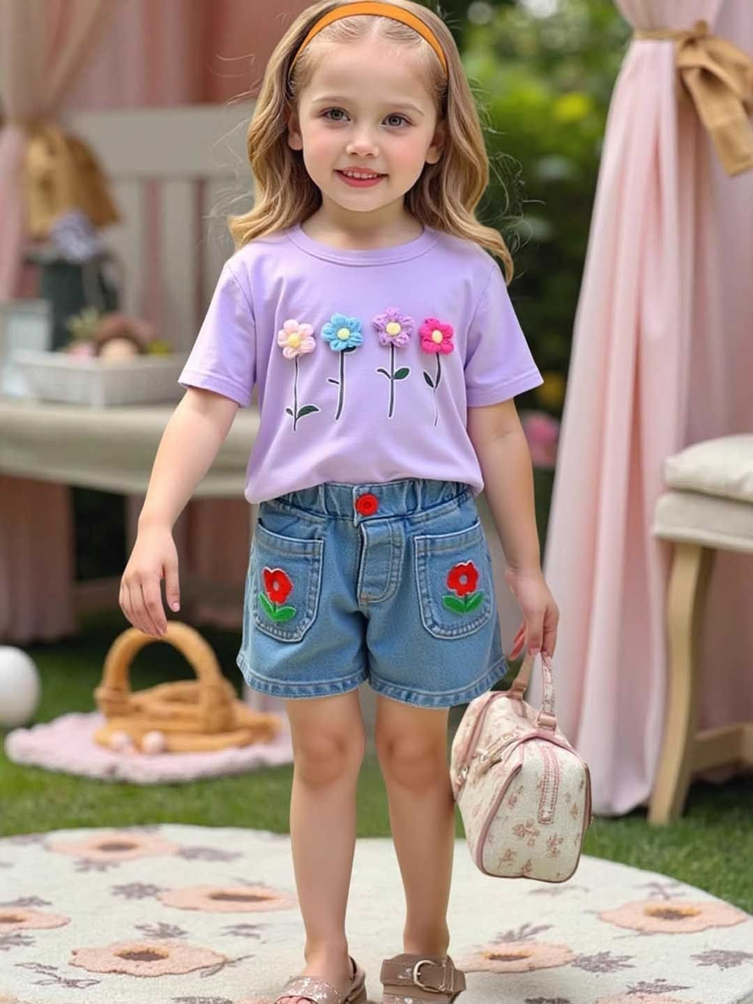 Girls Light Blue Floral Denim Shorts