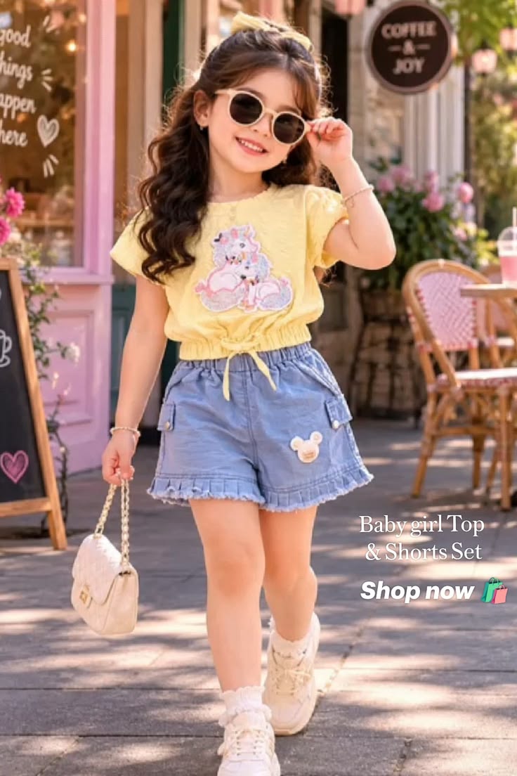 Girls Light Blue Floral Denim Shorts