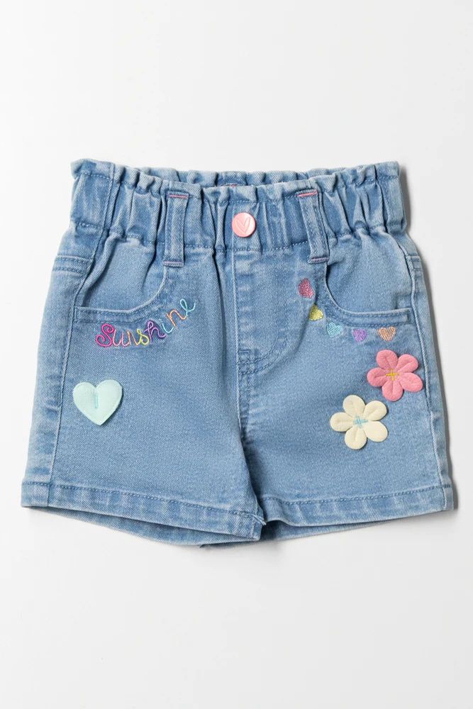 Girls Light Blue Floral Denim Shorts