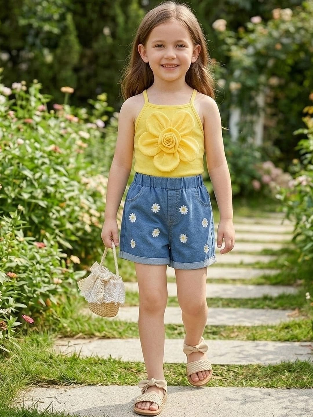 Girls Light Blue Daisy Embroidered Shorts