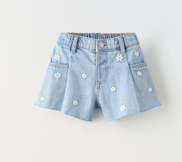 Girls Light Blue Daisy Embroidered Shorts