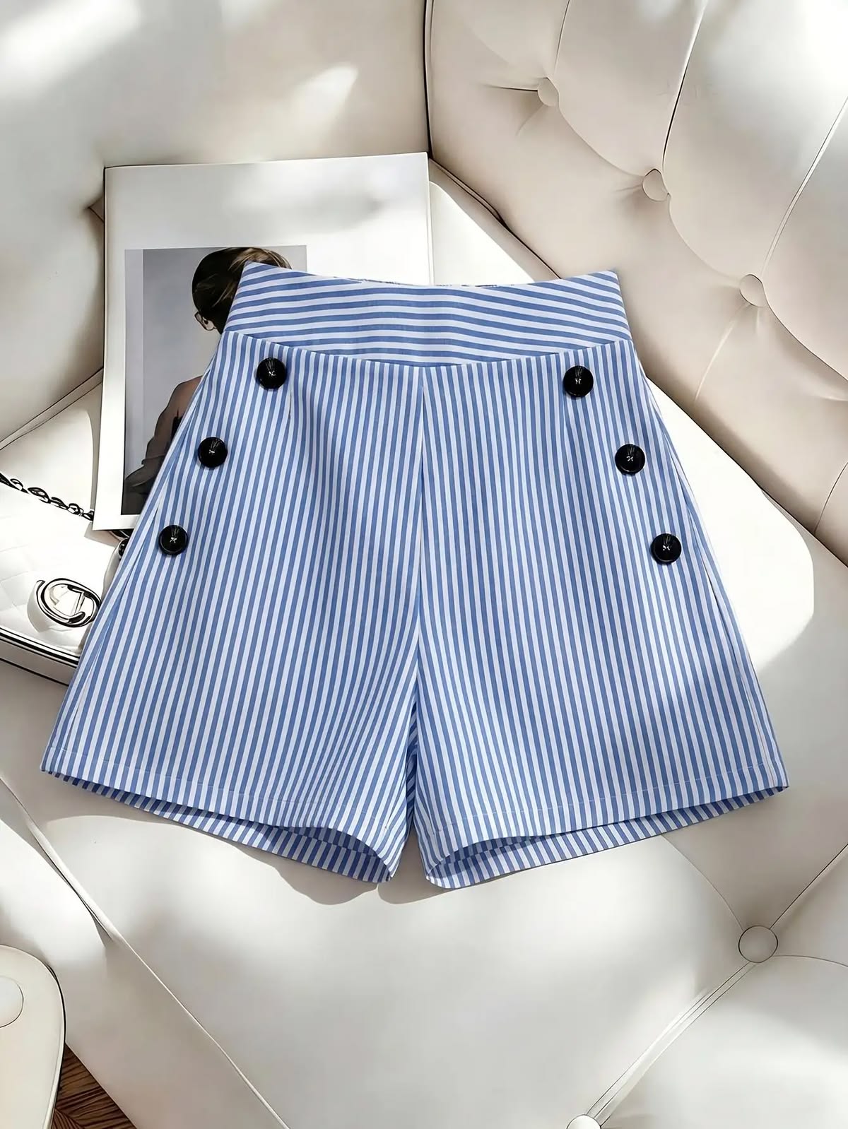 Girls Blue Pleated Striped Shorts