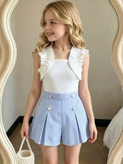 Girls Blue Pleated Striped Shorts